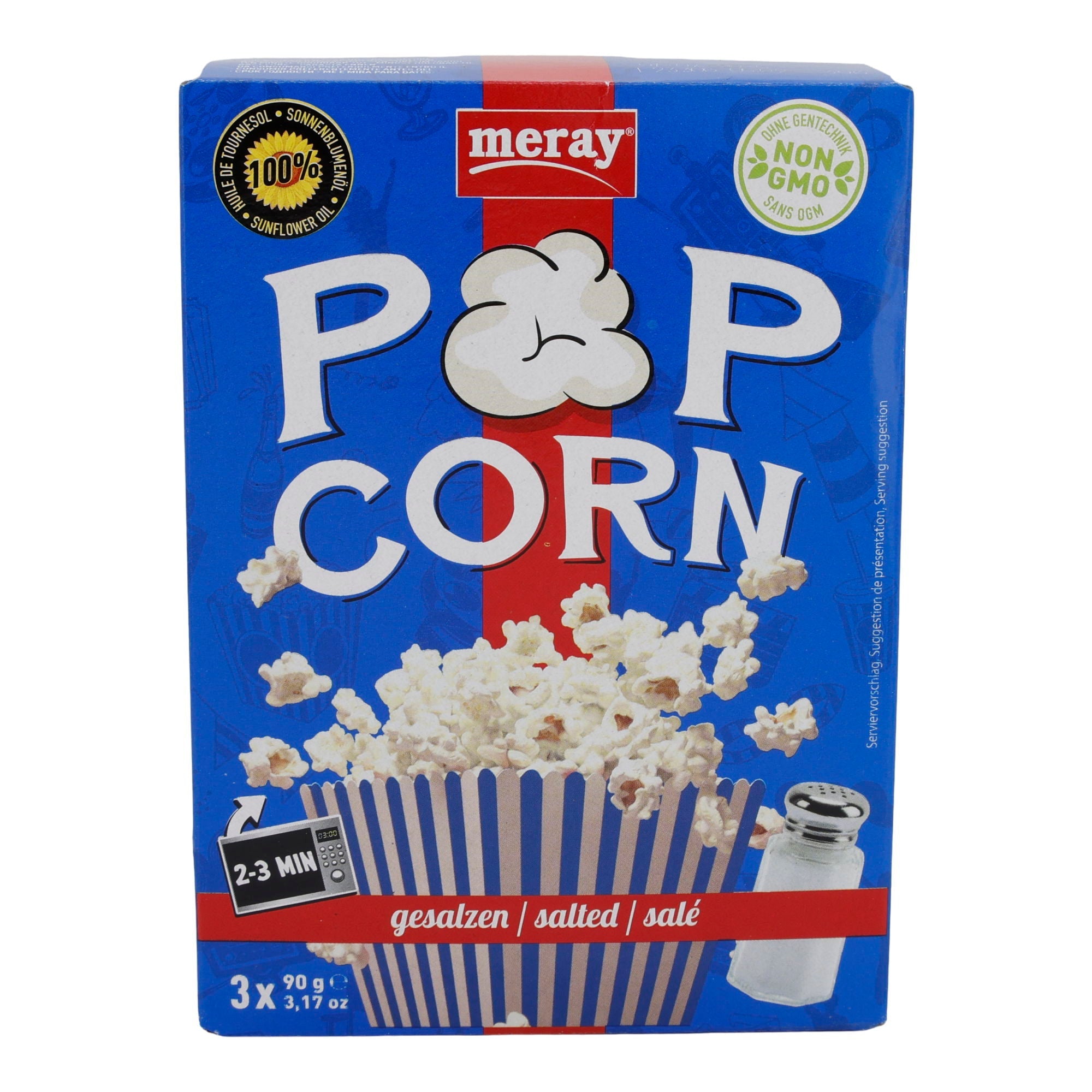 Salz Mikrowellen Popcorn Meray | Süßigkeiten | Leckerer Snack mit 100% Sonnenblumenöl im 3er Pack | 270 g MERAY